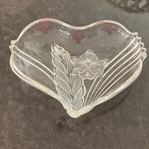 Clear Glass Heart-Shaped Dish with Floral Design. Mikasa.